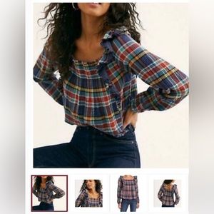 Free People Navy Plaid Ruffle Long Sleeve Top XS